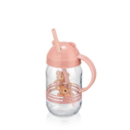 Szívószálas Üvegpohár Macis 380 ml