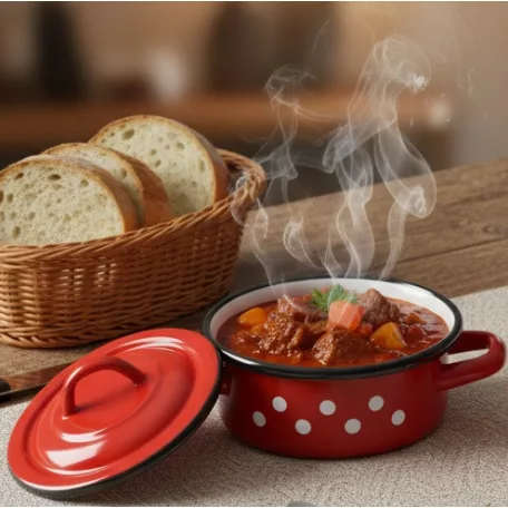 Zománcozott Lábas+Fedő Piros Pöttyös 0,5 L 13+39/12/