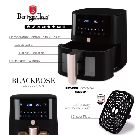 Berlinger Haus Forrólevegős AirFryer Sütő 5 L BH-9488 Black Rose